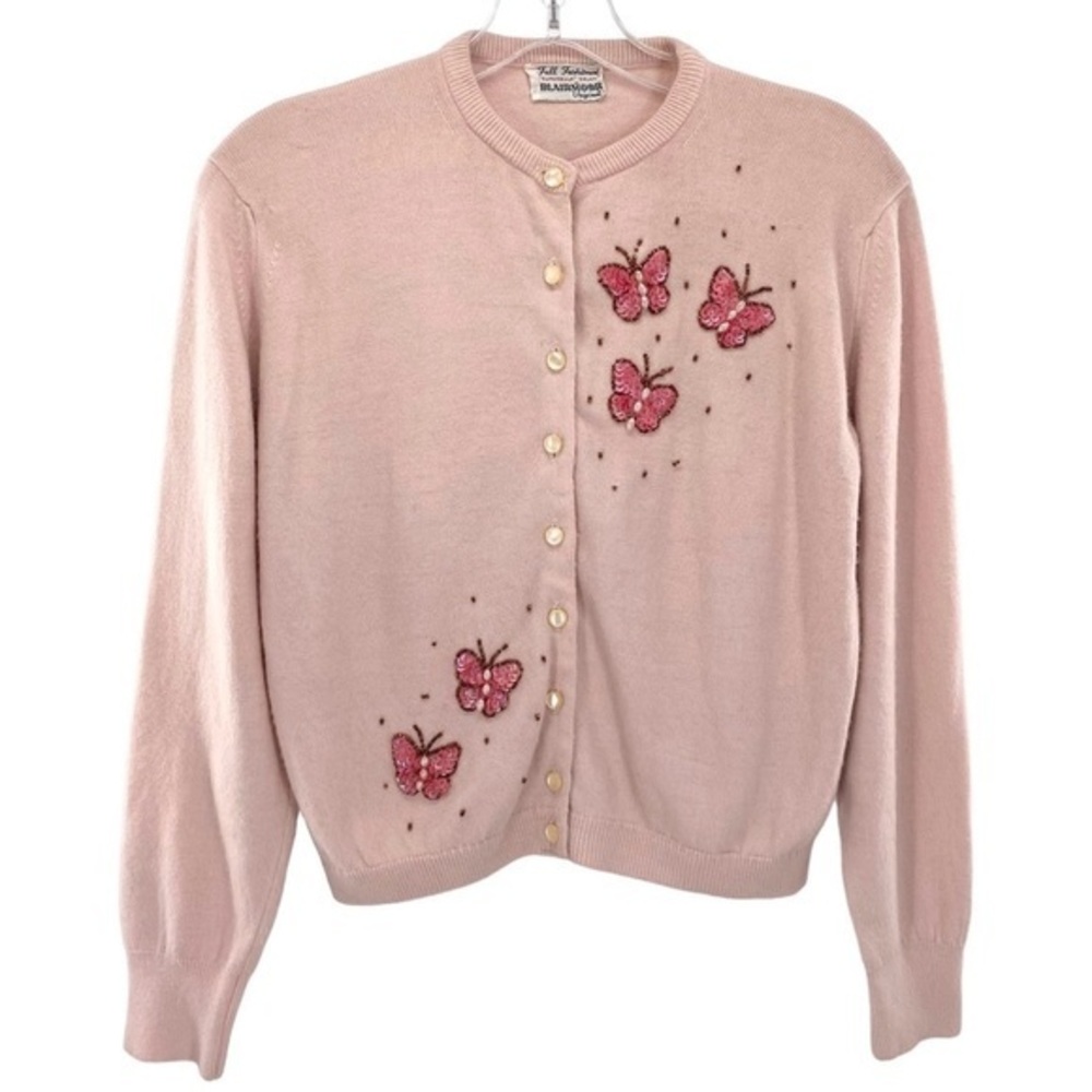 1950s Beaded Butterfly Pink Cardigan Sweater Vintage Blairmoor Original Orlon